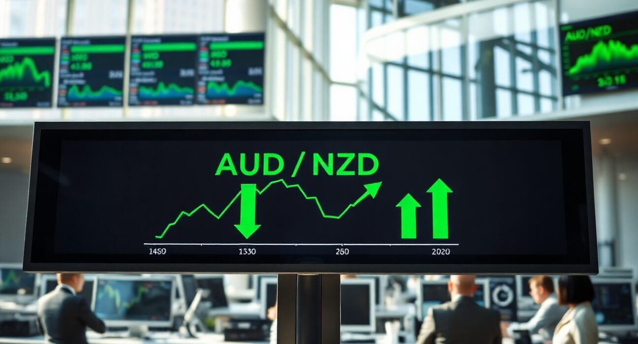 Forex trading board showing AUD/NZD exchange rate charts with green upward trend