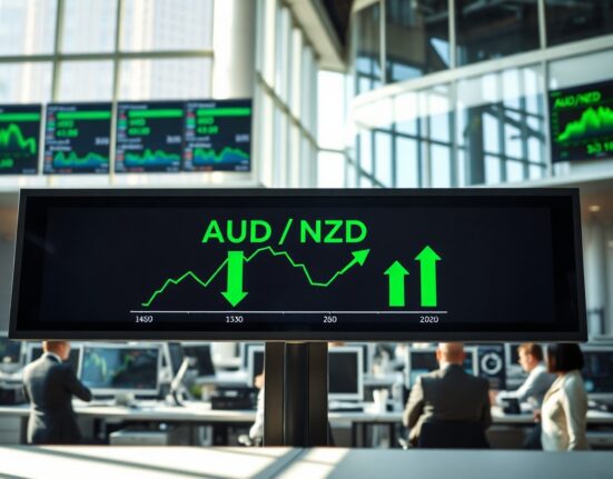Forex trading board showing AUD/NZD exchange rate charts with green upward trend