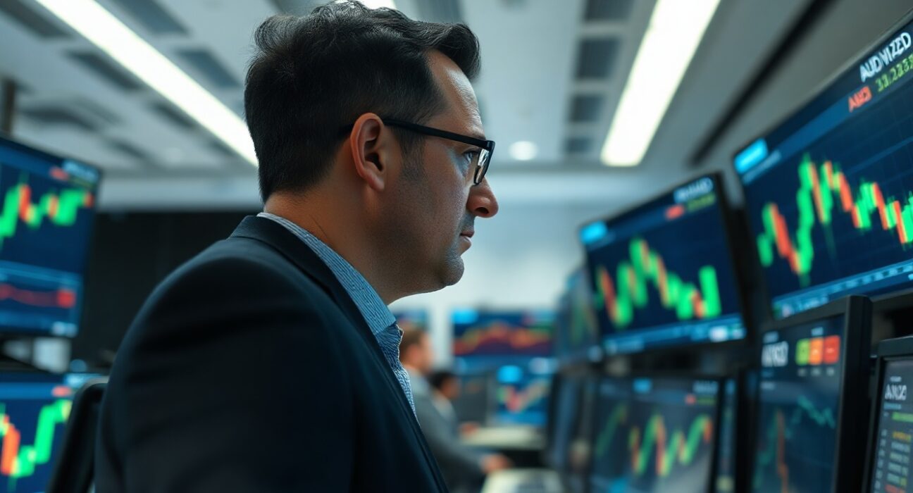 Trader analyzing AUD/NZD charts on multiple monitors in a modern office