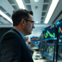 Trader analyzing AUD/NZD charts on multiple monitors in a modern office