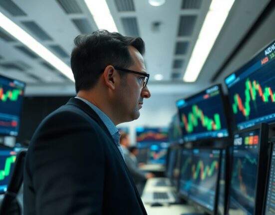 Trader analyzing AUD/NZD charts on multiple monitors in a modern office
