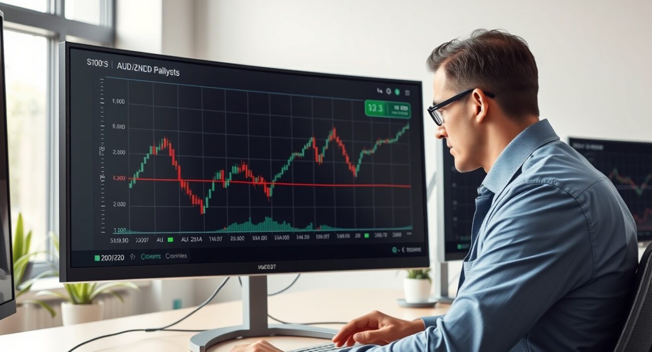Financial analyst reviewing AUD/NZD currency pair chart for strategic trading opportunities.
