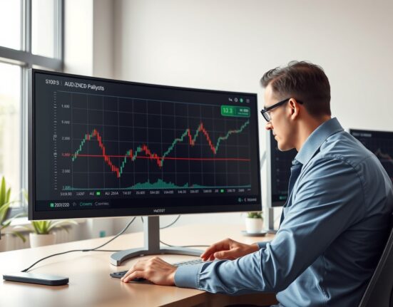 Financial analyst reviewing AUD/NZD currency pair chart for strategic trading opportunities.