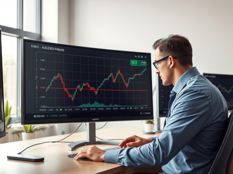 Financial analyst reviewing AUD/NZD currency pair chart for strategic trading opportunities.
