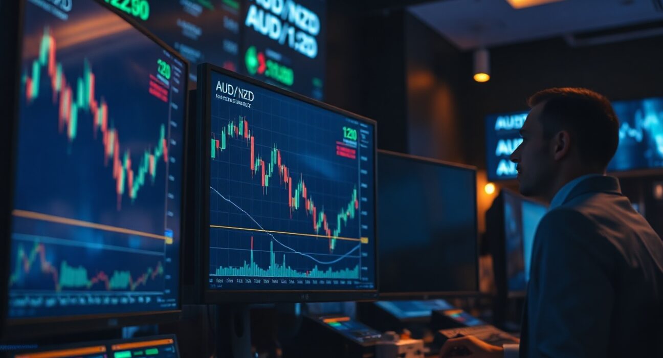Financial trading desk monitors showing AUD/NZD chart approaching 1.20 level