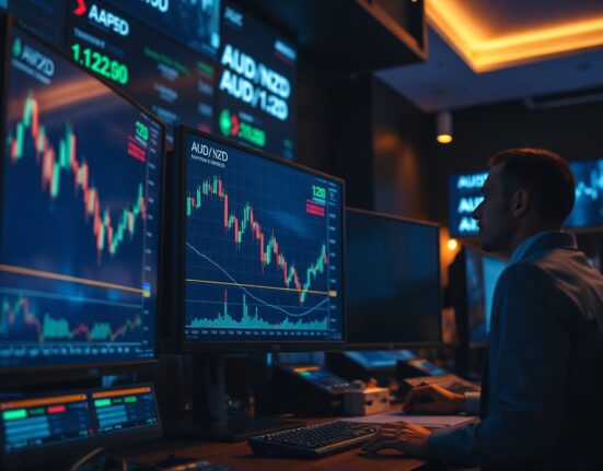 Financial trading desk monitors showing AUD/NZD chart approaching 1.20 level