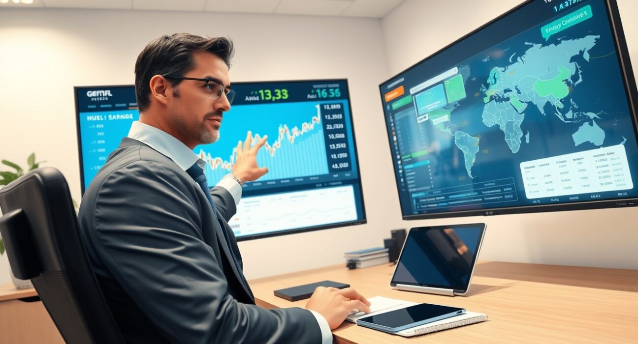 Financial analyst reviewing Australian dollar exchange rates and energy market data in professional office setting