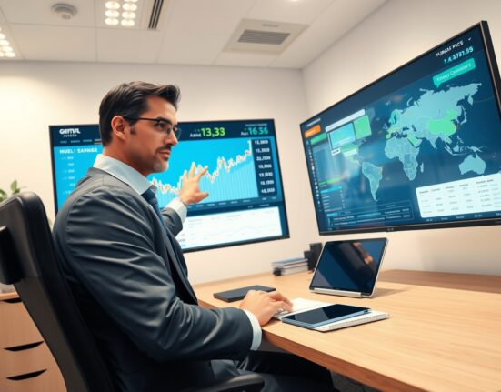 Financial analyst reviewing Australian dollar exchange rates and energy market data in professional office setting