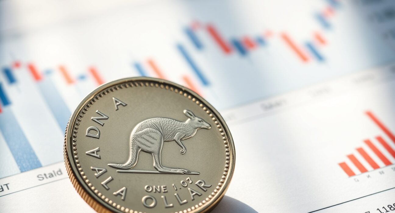 Australian one-dollar coin on a financial chart, representing AUD analysis by TD Securities.