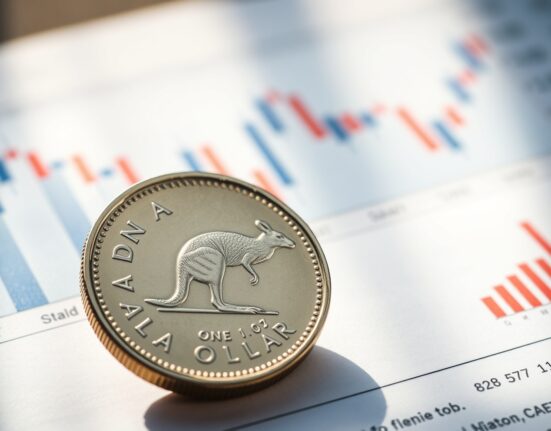 Australian one-dollar coin on a financial chart, representing AUD analysis by TD Securities.