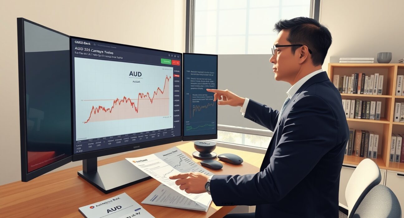 Financial analyst examining Australian dollar performance charts with OCBC research on monetary policy divergence