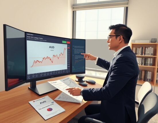 Financial analyst examining Australian dollar performance charts with OCBC research on monetary policy divergence