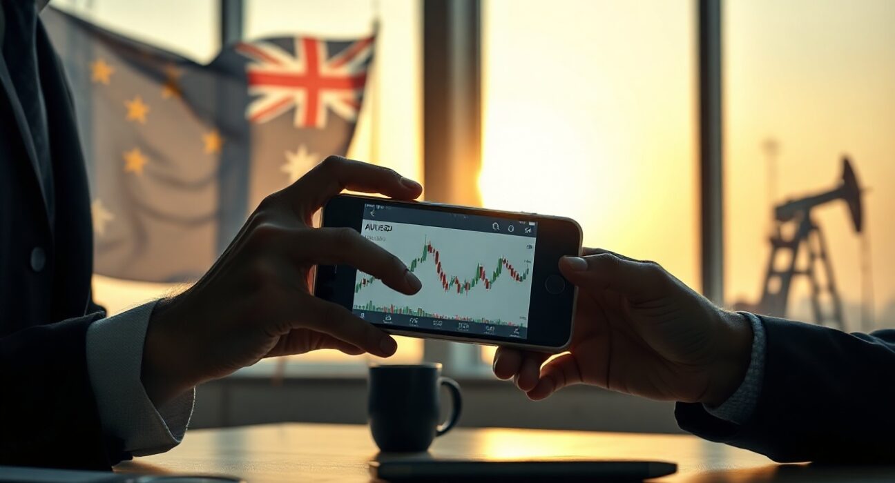 Analyst monitoring AUD/USD chart on smartphone amid geopolitical tensions