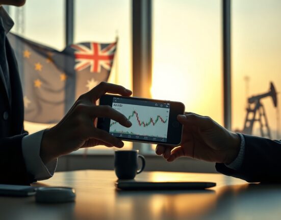 Analyst monitoring AUD/USD chart on smartphone amid geopolitical tensions