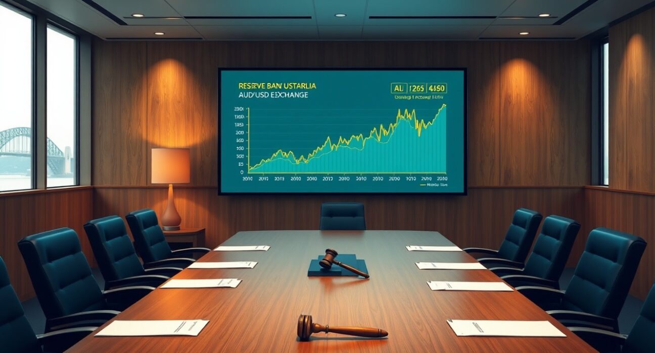 RBA boardroom with oil price chart and AUD decline, reflecting the central bank's rate hike amid an oil shock, as analyzed by Rabobank.