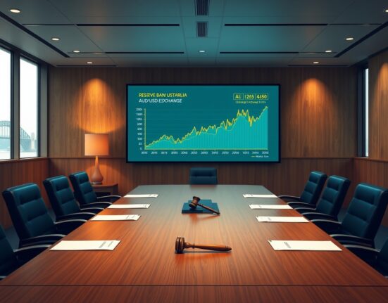RBA boardroom with oil price chart and AUD decline, reflecting the central bank's rate hike amid an oil shock, as analyzed by Rabobank.