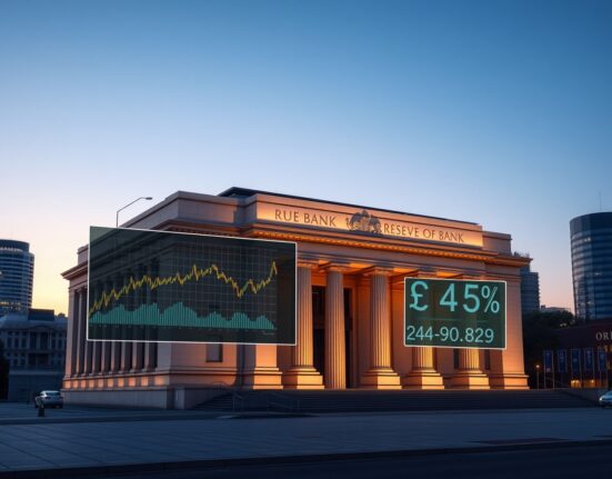 Reserve Bank of Australia headquarters with oil price and AUD exchange rate charts showing inflation risks