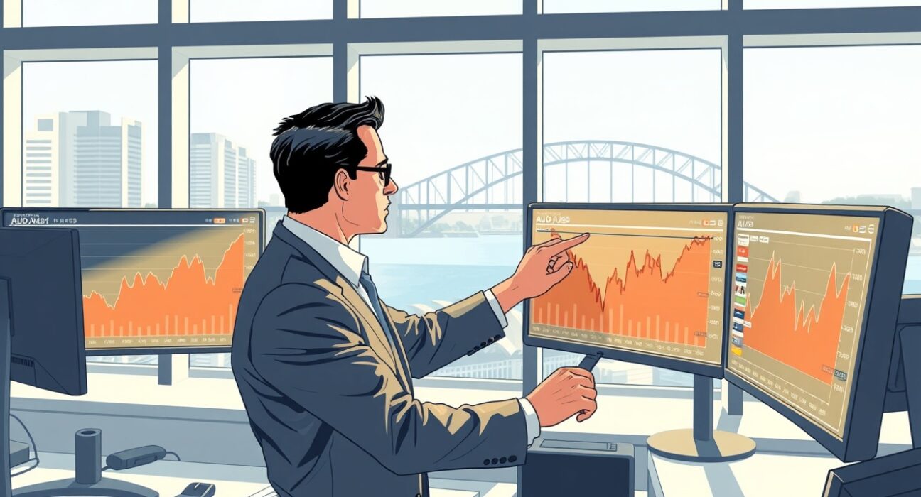 Financial analyst examining AUD/USD exchange rate charts with 0.7200 target analysis