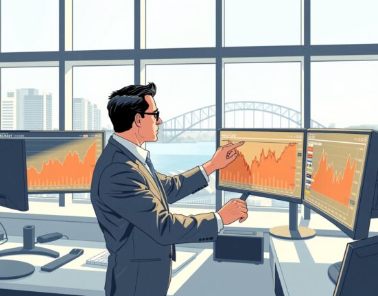 Financial analyst examining AUD/USD exchange rate charts with 0.7200 target analysis