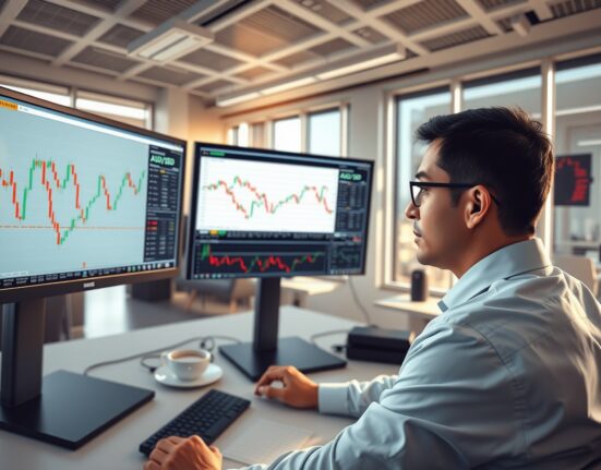 Professional forex trader analyzing Australian dollar charts and market data