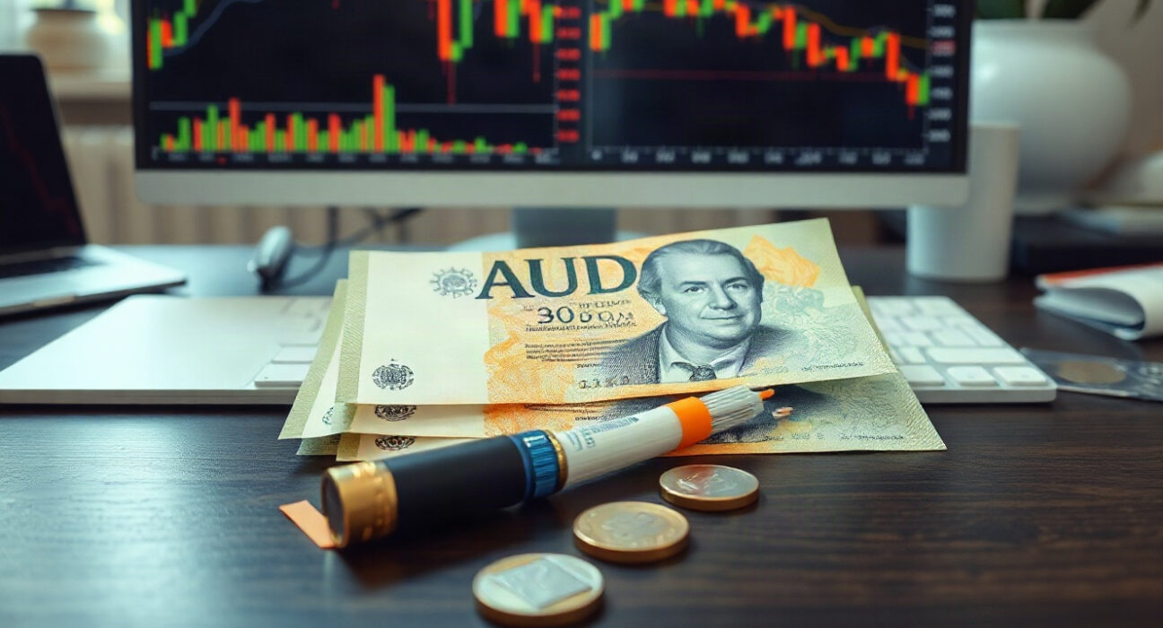 Australian Dollar banknotes and coins with financial charts in the background