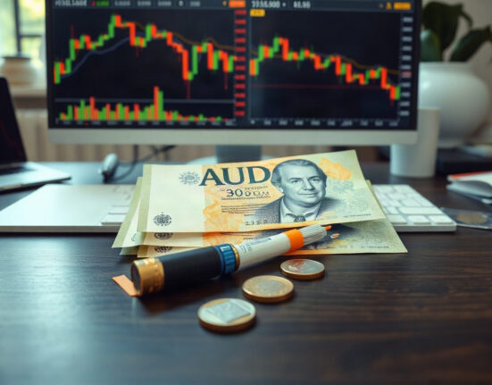 Australian Dollar banknotes and coins with financial charts in the background
