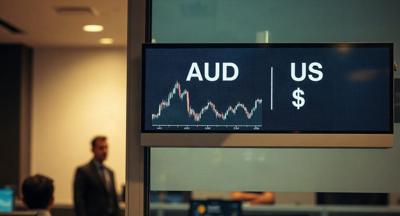 AUD/USD currency chart on a screen in a financial trading environment