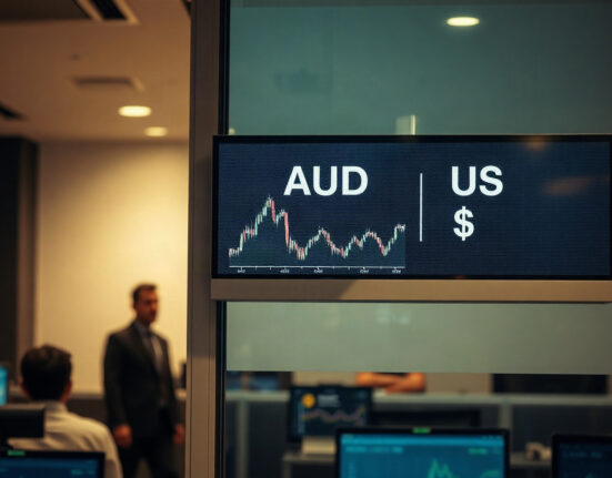 AUD/USD currency chart on a screen in a financial trading environment