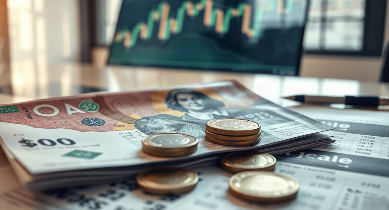 Australian dollar banknotes and coins on a financial newspaper with stock charts in background
