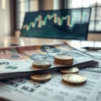Australian dollar banknotes and coins on a financial newspaper with stock charts in background