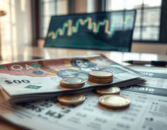 Australian dollar banknotes and coins on a financial newspaper with stock charts in background
