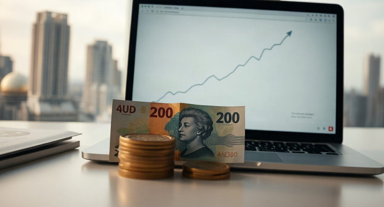 Australian dollar banknotes and coins on a desk with a laptop showing an upward chart, symbolizing currency stability.