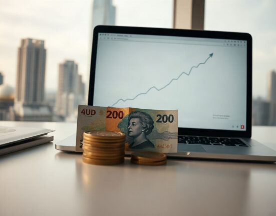 Australian dollar banknotes and coins on a desk with a laptop showing an upward chart, symbolizing currency stability.