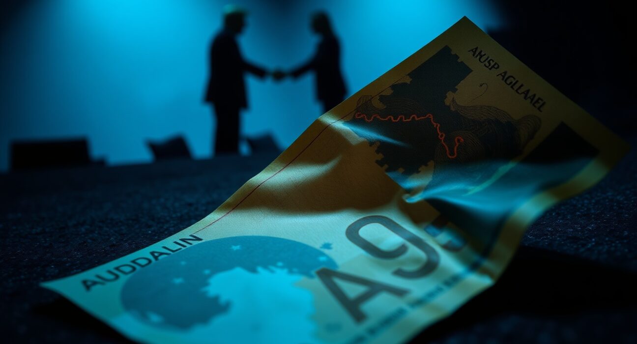 Australian dollar banknote with faint trade map overlay and distant silhouettes of Trump and Xi shaking hands.
