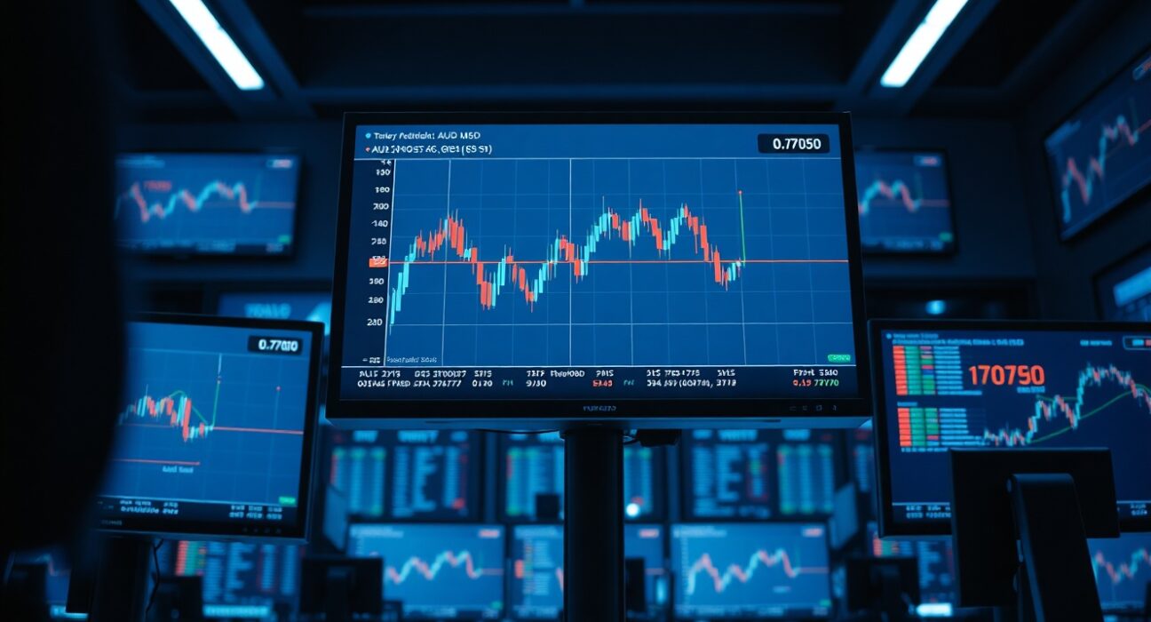 Forex trading monitors displaying AUD/USD chart with 0.7070 support level highlighted