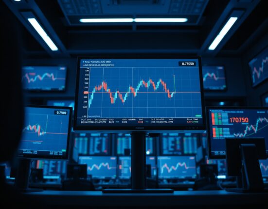 Forex trading monitors displaying AUD/USD chart with 0.7070 support level highlighted