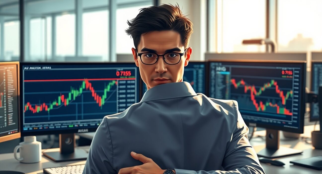 Financial analyst monitoring AUD/USD forex charts showing critical 0.7155 resistance level