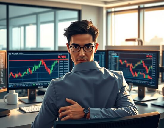 Financial analyst monitoring AUD/USD forex charts showing critical 0.7155 resistance level