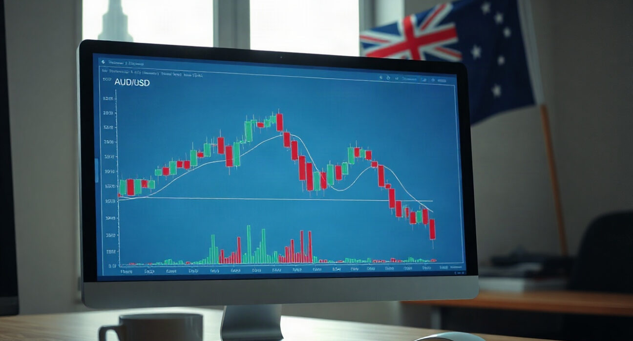AUD/USD chart on trading screen with US Treasury building in background