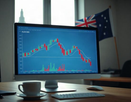 AUD/USD chart on trading screen with US Treasury building in background