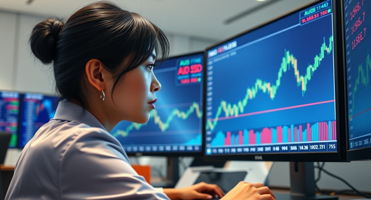 Trader analyzing AUD/USD forex charts amid US jobs data and RBA rate hike speculation.