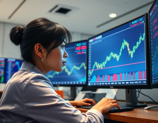 Trader analyzing AUD/USD forex charts amid US jobs data and RBA rate hike speculation.