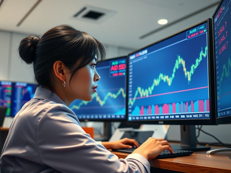 Trader analyzing AUD/USD forex charts amid US jobs data and RBA rate hike speculation.