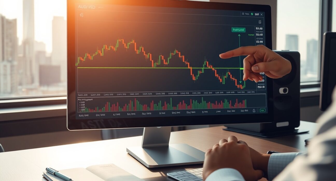 Forex trading analysis of a bearish AUD/USD chart on a professional trading platform in Sydney.