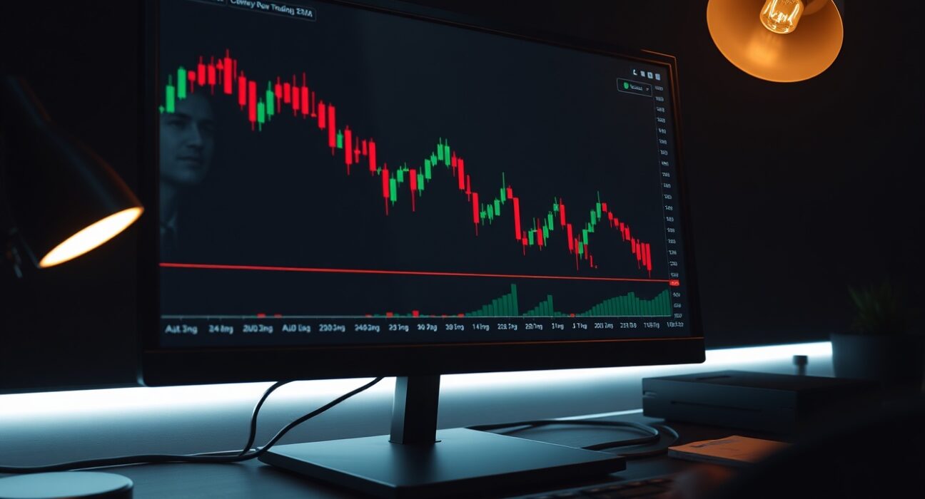AUD/USD candlestick chart showing a bearish trend below the 20-day EMA on a trading monitor.