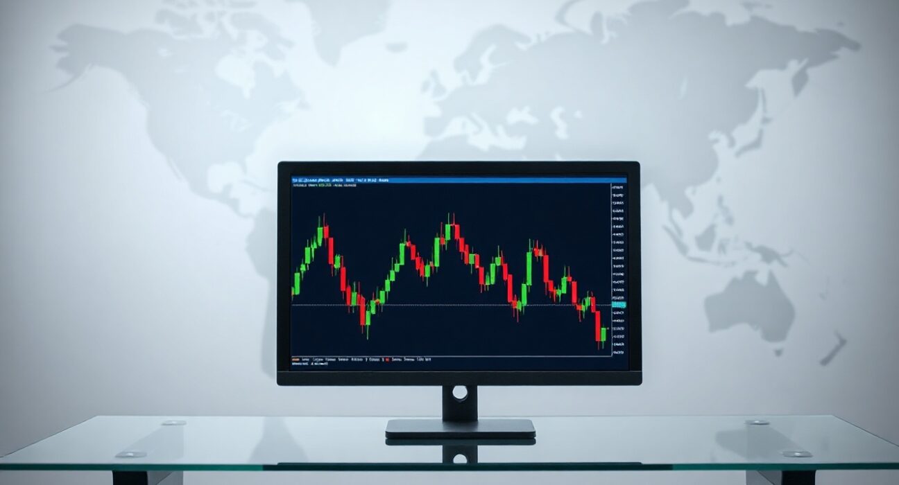 Forex trading monitor showing AUD/USD chart with downward trend in a financial news studio setting