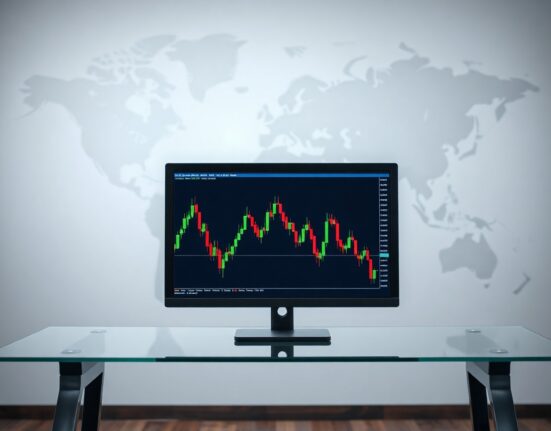 Forex trading monitor showing AUD/USD chart with downward trend in a financial news studio setting