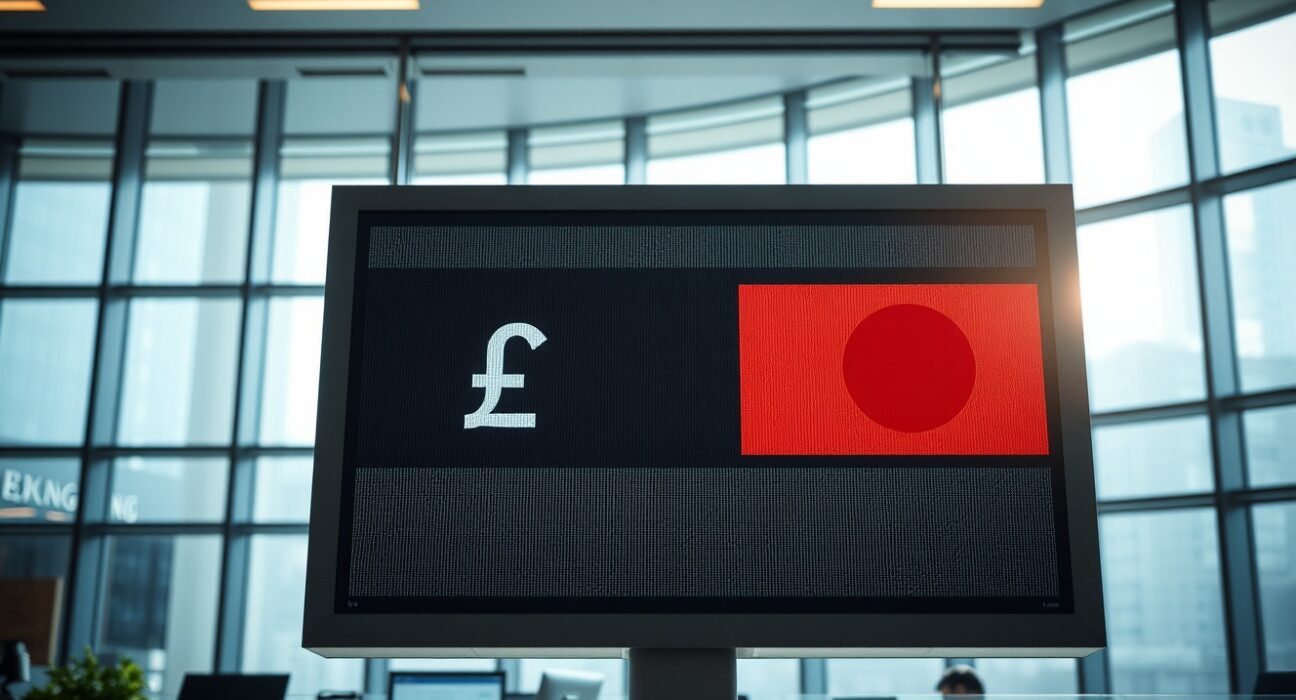 Digital currency exchange board showing AUD and JPY rates in a modern financial district
