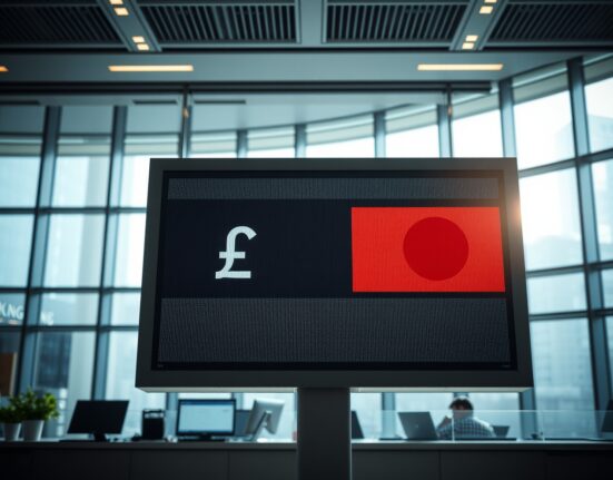 Digital currency exchange board showing AUD and JPY rates in a modern financial district