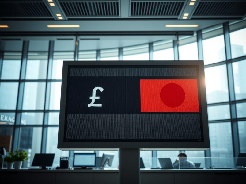 Digital currency exchange board showing AUD and JPY rates in a modern financial district